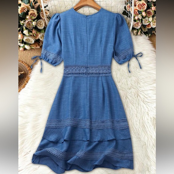 Elegant Baby Blue Lace Trim Dress - Picture 3 of 16